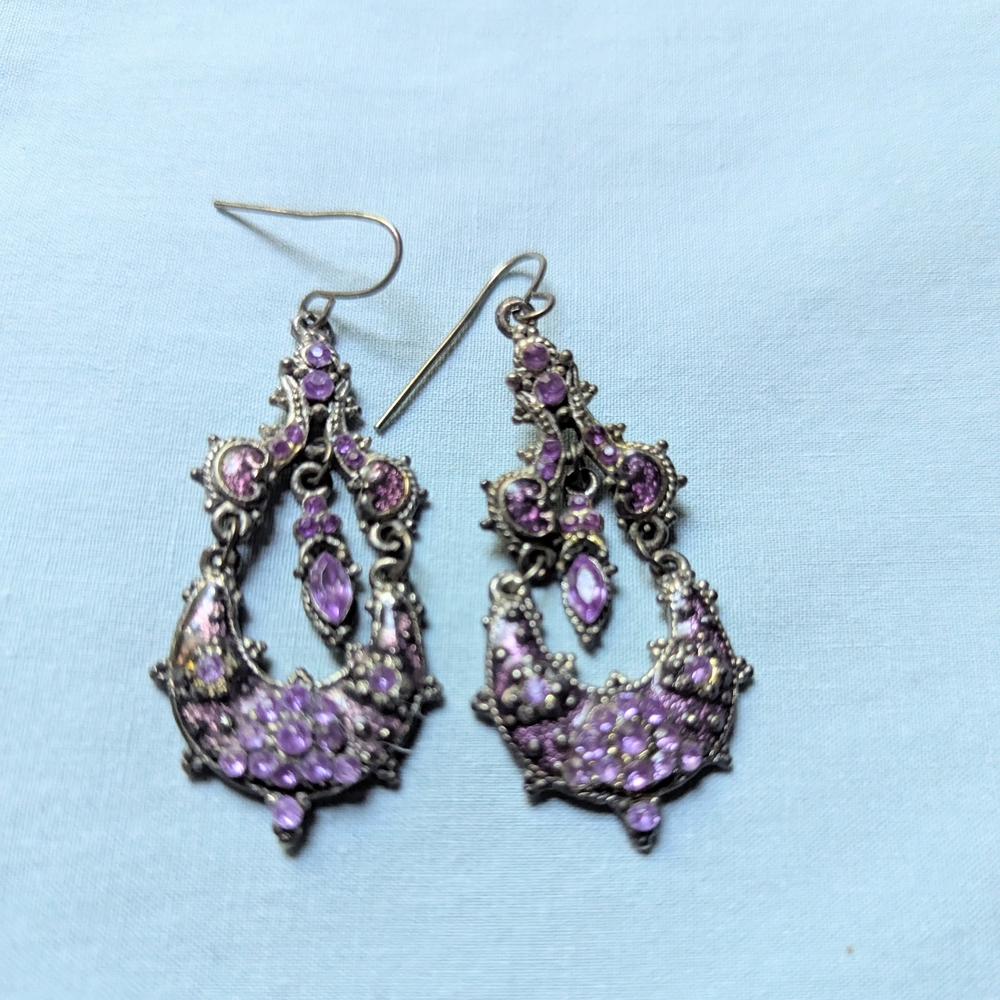 Ornate Silver and Purple Dangle Earrings